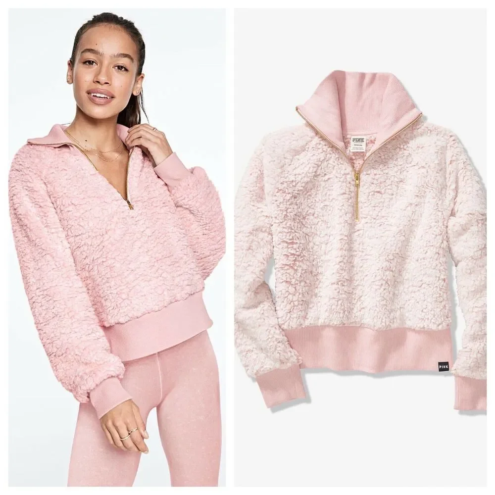 VS VICTORIAS SECRET PINK SHERPA HALF ZIP SWEATER JACKET TOP CHALK ROSE L